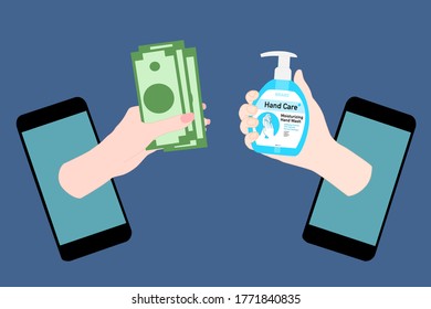 Dejar eso fuera del smartphone es mantener el dinero. la otra mano es sostener una botella de jabón. Compra sin contacto de artículos usando tu teléfono. Comprar o vender mediante tecnología inalámbrica. Comprar concepto en línea.