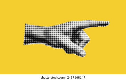 The hand that points to the right. Halftone cutout element on yellow background. Pop art retro element with dots effect. Paper texture. 