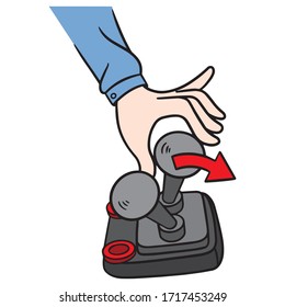 a hand that pushes a joystick forward. control, comic, control, color, blue, gray, isolated.