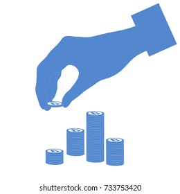Hand that puts bitcoin in a stack of bitcoins. Design for announcement, advertisement, print. 