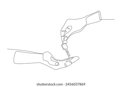 La mano que recibió la llave de la nueva casa. Comprar un nuevo concepto de la casa de dibujo de una línea