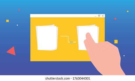 a hand that wants to take out the document and in the background is a window web browser,touch screen,illustration,cartoon.