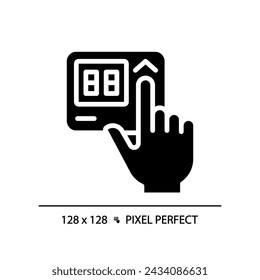 Hand with thermostat pixel perfect black glyph icon. Adjusting temperature on control panel. Home appliance. Silhouette symbol on white space. Solid pictogram. Vector isolated illustration