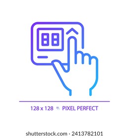 Hand with thermostat pixel perfect gradient linear vector icon. Adjusting temperature on control panel. Home appliance. Thin line color symbol. Modern style pictogram. Vector isolated outline drawing
