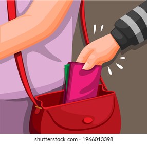 Hand of a Thief Stealing wallet from woman bag scene concept in cartoon illustration vector