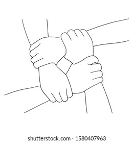 hand in hand. thin line drawing black hands . Vector illustration