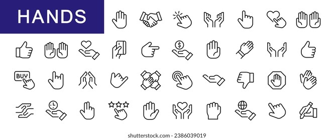 Hand dünne Linien Symbole. Handsymbol. Hands-Symbole gesetzt. Handshake. Vektorgrafik