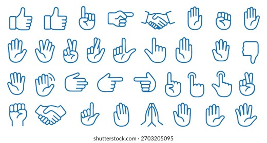 Conjunto de iconos de línea delgada de mano. Manos, icono de gesto. Trazo editable. Vector