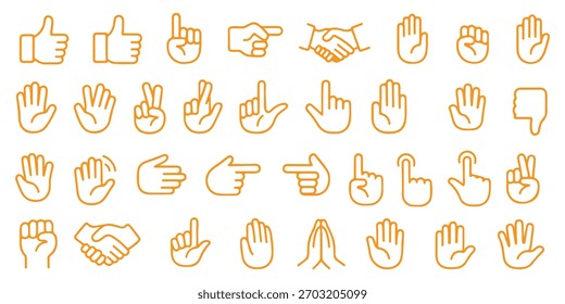 Conjunto de iconos de línea delgada de mano. Manos, icono de gesto. Trazo editable. Vector