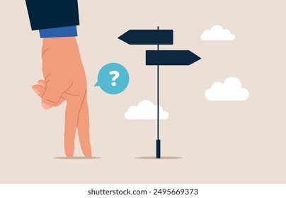 Hand thinking with question mark choose between 2 direction. Choosing between 2 choices, make decision to the left or right. Flat vector illustration.