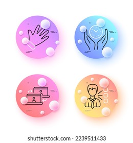 Iconos de línea mínimos de tiempo Hand, Third party y Safe. botones de esferas o bolas 3d. Iconos de trabajo externos. Para web, aplicación, impresión. Ondeando la palma, Jefe de equipo, Dirección. Trabajo remoto. Vector