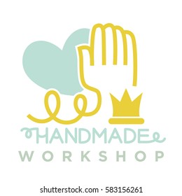 Hand from thread near blue heart logo emblem of handmade workshop and inscription below. Vector illustration of art craft classes in flat design on white. Talent for handmade concept on label.