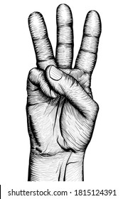 Una mano con tres dedos extendidos. Dibujo en blanco y negro.