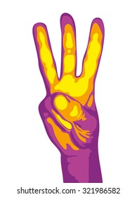 Hand with three fingers up isolated on white background. Vector illustration