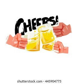 Hand with three full beer cups. Happy friends clinking with beer mugs come with typographic. cheers concept - vector illustration