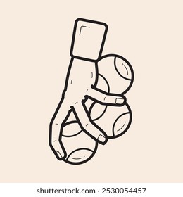 Hand with three tennis balls, fingers grabbing the balls, sweat wristband and nice reflexes vector outline black icon