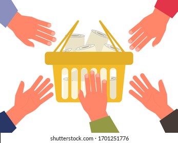Puntos de mano para rollos con papel higiénico, concepto de higiene y pánico, STOP PANIC papel higiénico en las tiendas, lucha contra la pandemia Covid-19. Las manos se dibujan a la cesta con vectores de papel higiénico