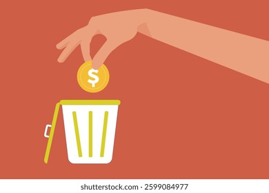 Hand Throw away Coin into trash can. concept of collapse of a dollar or other currency. Metal trash can with discarded money