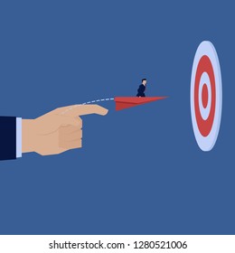 Hand throw away the paper plane ride over by businessman through the target.