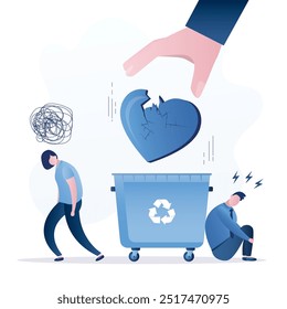 Hand throw broken heart into trash can. Divorce, misunderstanding. Love heart thrown into garbage. End of love relationship, split-up and breakup. Upset people don't communicate. vector illustration