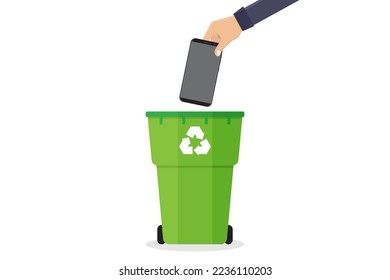 Hand throw broken smart phone to recycling bin vector design illustration