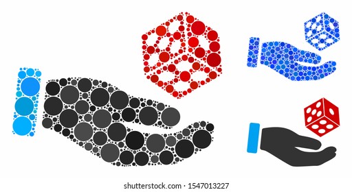 Hand throw dice mosaic of circle elements in different sizes and shades, based on hand throw dice icon. Vector circle elements are grouped into blue collage.