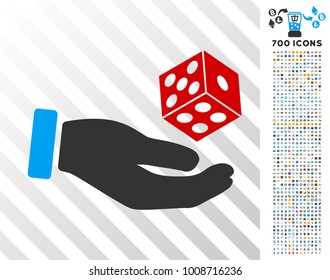 Hand Throw Dice pictograph with 700 bonus bitcoin mining and blockchain symbols. Vector illustration style is flat iconic symbols designed for crypto currency software.