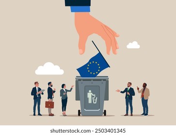 Handwurfflagge EU den Abfallkorb. Zusammenbruch der Wirtschaft der Europäischen Union. Symbol für Krise, Rezession, Absturz und Börsencrash. Moderne Vektorgrafik im flachen Stil. 