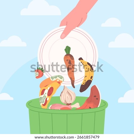 Hand throw food in container. Products with mildew, spoiled meal. Organic waste and compost objects, unwise use of resources, racy vector concept