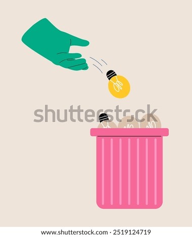 Hand throw light bulb ideas into the trash ideas in the wastebasket. Business failure concept. Colorful vector illustration
