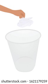 Hand throw paper to waste bin. vector illustration