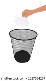 Hand throw paper to waste bin. vector illustration