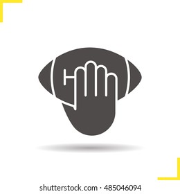 Hand throwing american football ball icon. Drop shadow silhouette symbol. Hand holding rugby ball. Inning. Negative space. Vector isolated illustration