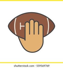 Hand throwing american football ball color icon. Hand holding rugby ball. Inning. Isolated vector illustration