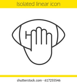 Hand throwing american football ball linear icon. Thin line illustration. Hand holding rugby ball contour symbol. Vector isolated outline drawing