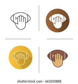 Hand throwing american football ball icon. Flat design, linear and color styles. Isolated vector illustrations