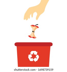 Hand throwing a apple core into a recycle bin. Garbage container. Flat design, vector illustration.