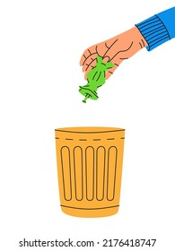 Hand throwing apple core in recycle bin. Garbage utilisation. Problem globe pollution illustration