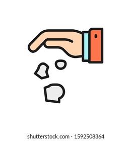 Hand throwing away garbage, crumpled paper flat color line icon.