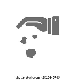 Hand throwing away garbage, crumpled paper gray icon.