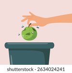 
Hand Throwing Away a Rotten Apple Vector Food Waste Illustration. person gets rid of old food bought in excess due to consumerism 
