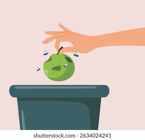 
Hand Throwing Away a Rotten Apple Vector Food Waste Illustration. person gets rid of old food bought in excess due to consumerism 
