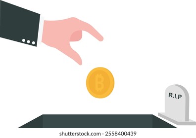 hand throwing bitcoin in a tomb. Cryptocurrency market crisis concept. Vector illustration.
