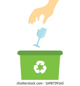 Hand throwing a broken glass into a recycle bin. Garbage container. Flat design, vector illustration.