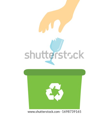 Hand throwing a broken glass into a recycle bin. Garbage container. Flat design, vector illustration.