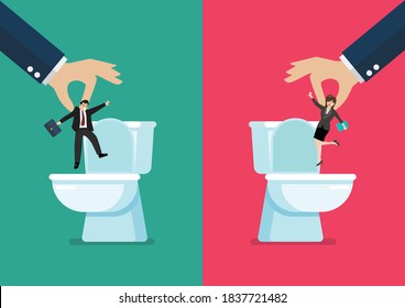 Hand throwing a business man and woman in the toilet bowls. Vector illustration 