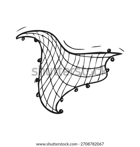 Hand throwing a cast net for fishing, black and white line drawing illustration.