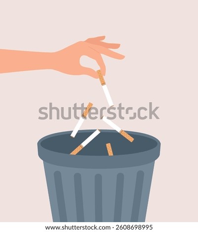 Hand throwing cigarettes into the trash can. Flat vector illustration