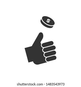 Hand throwing up coin icon on white background