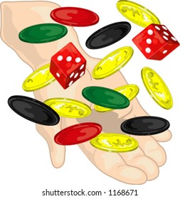 Hand throwing coins, chips, and dice in the air